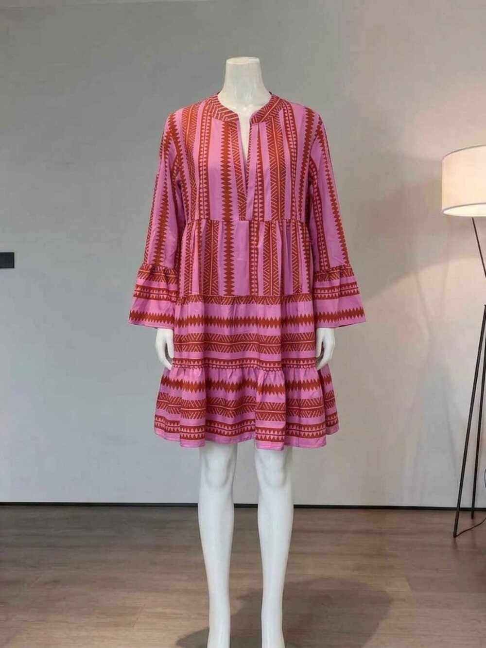 Pink Red Geometric Tiered Babydoll Mini Dress Plus Size 22W 24W
